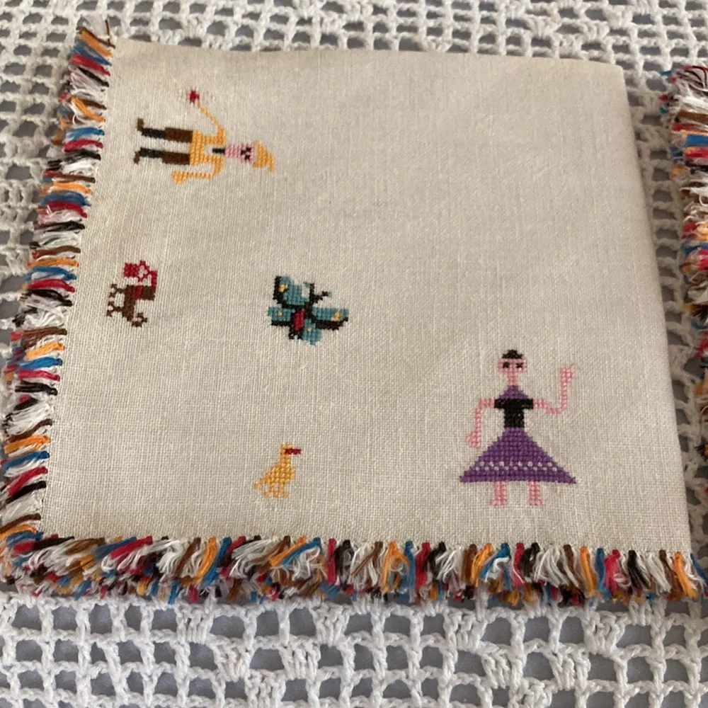Three Vintage Linen Cocktail Napkins, Rare, Cross Stitched on this fine …